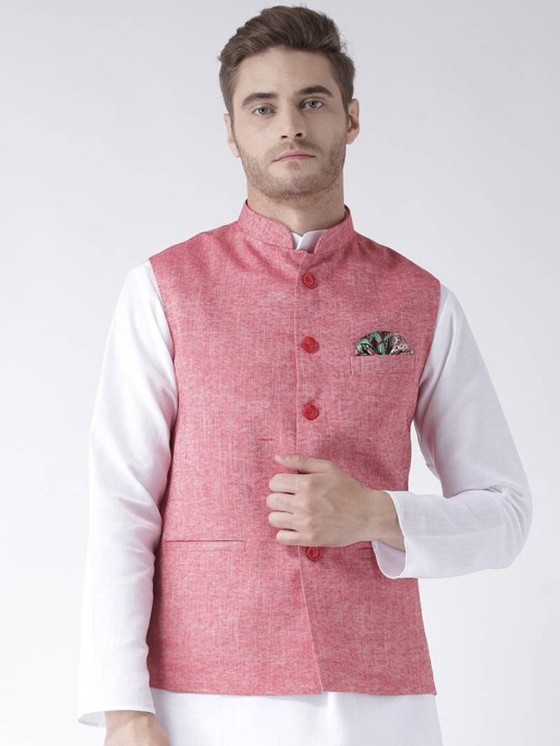 Men's Red 
Linen
 Solid
 Nehru Jackets